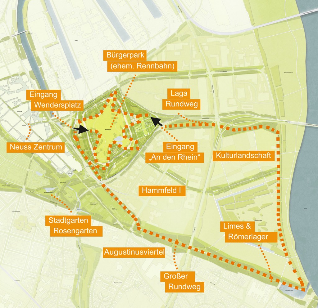 Neuss entwickelt 2023 – LAGA #1: Lageplan des Areals Plan des Siegerentwurfs und seiner Lage im Stadtgebiet.